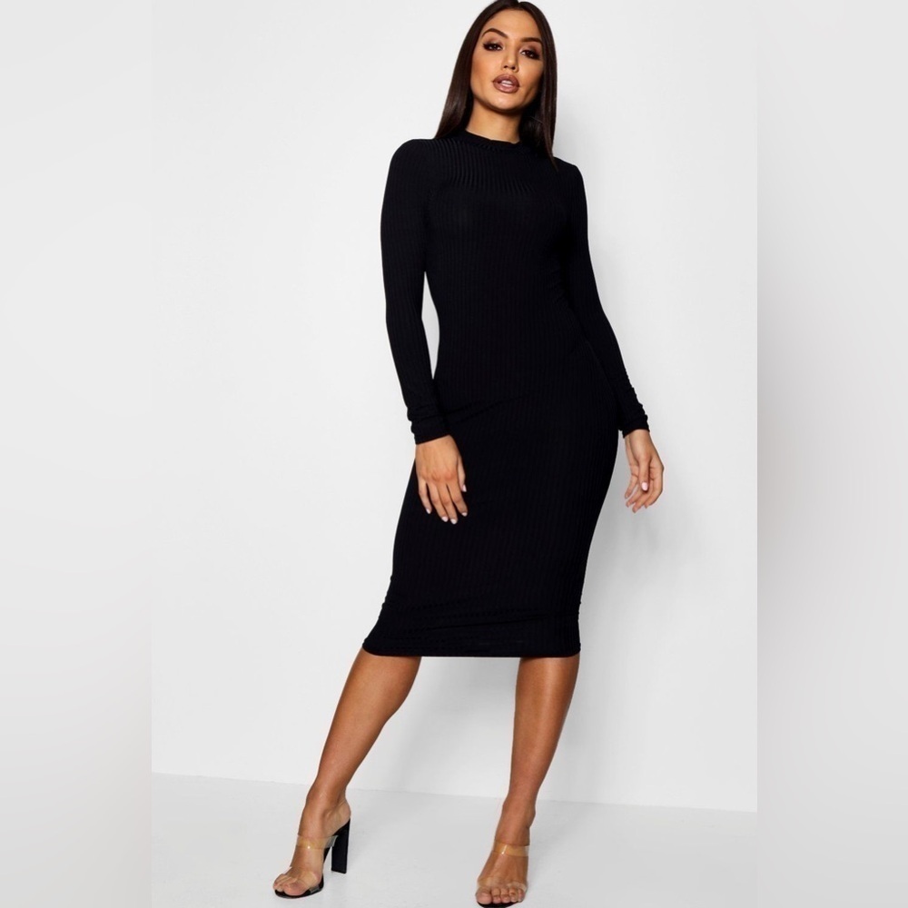 Boohoo Black Basic Ribbed High Neck Long Sleeve Midi Dress Women’s 10